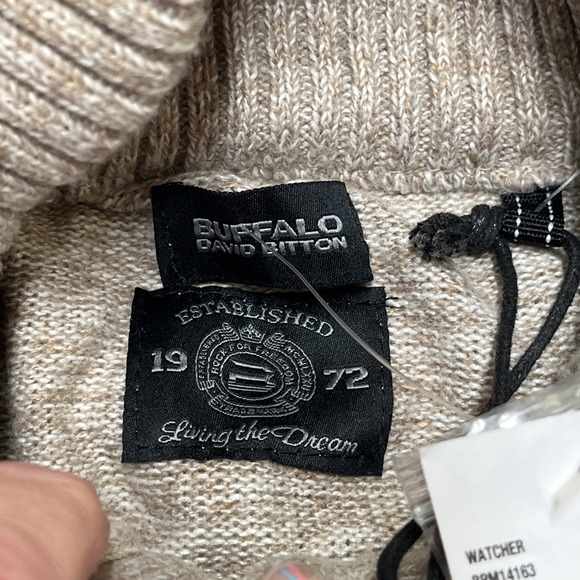 Buffalo David Britton Sweater Mens L Tan Cable Knit Mock Neck 1/4 Button Preppy - Picture 9 of 14